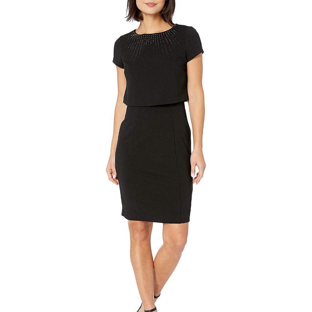 Adrianna Papell Embellished Pop Over Sheath Dress Black Special Occasion Size 10